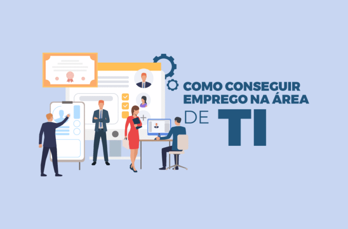 Emprego na área de TI: ilustração de processo seletivo com recrutadores avaliando currículos, certificações e perfis de candidatos
