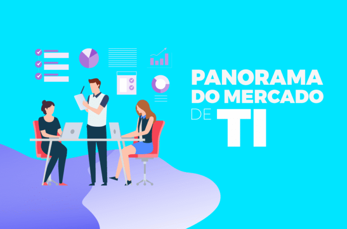 Ilustração de equipe de TI reunida com laptops e gráficos sob o título Panorama do mercado de TI