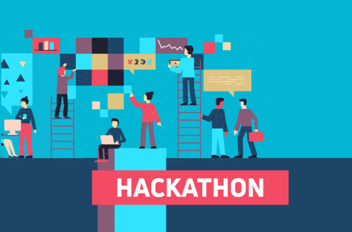 Ilustração de equipes colaborando em escadas para montar ideias em painéis, com a faixa Hackathon em destaque