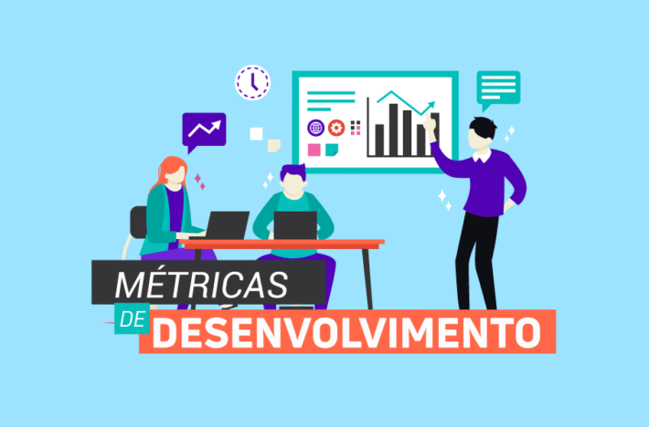 Ilustração de equipe de desenvolvimento reunida diante de um quadro com gráfico de barras e seta de crescimento, com o título Métricas de desenvolvimento