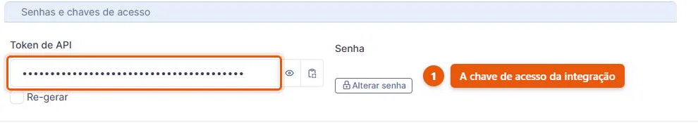 Seção de senhas e chaves de acesso do cadastro de um usuário do GLPI 11, com o token de API já gerado e oculto e a caixa de re-gerar a chave desmarcada