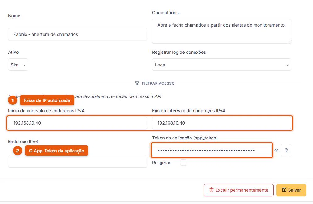 Ficha de um cliente de API do GLPI 11 preenchida para uma integração de monitoramento, com registro de log ativo, faixa de IPv4 restrita a um único endereço e o App-Token oculto no campo