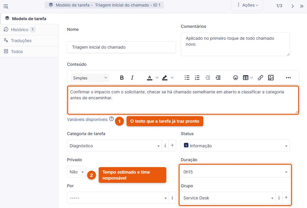 Modelo de tarefa do GLPI 11 aberto, com o texto predefinido da triagem, a categoria Diagnóstico, a duração estimada de quinze minutos e o grupo Service Desk como responsável