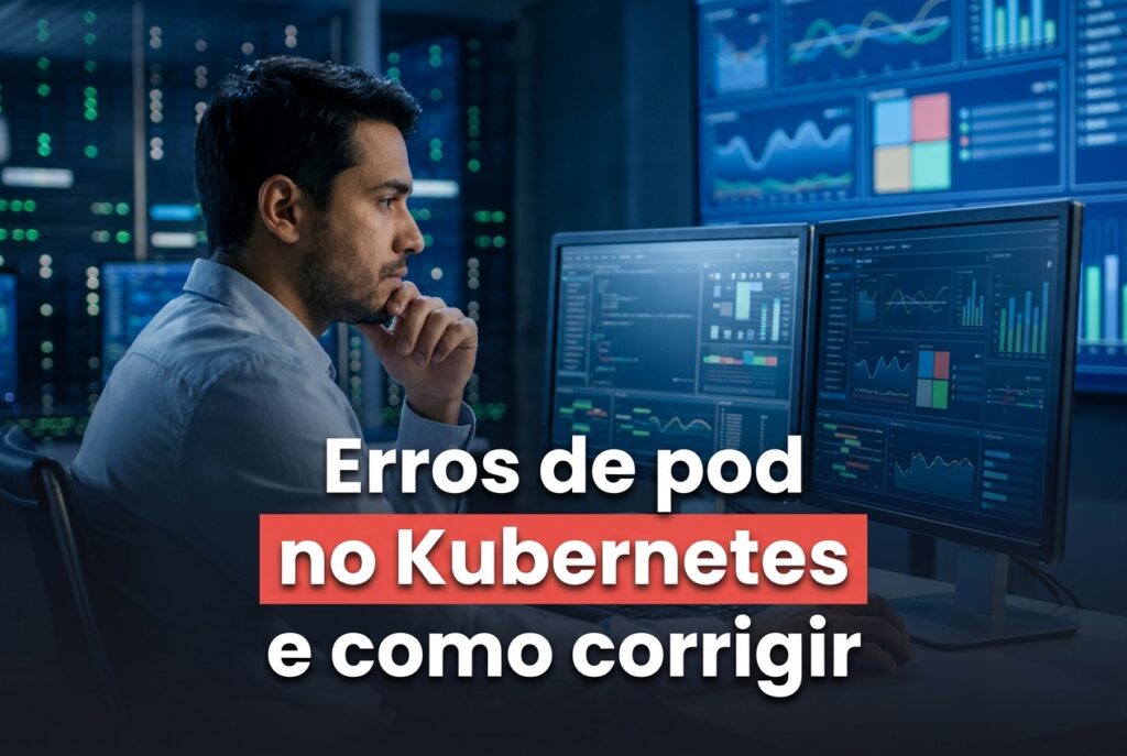 Erros de pod no Kubernetes: engenheiro de infraestrutura analisando o cluster em sala de operações