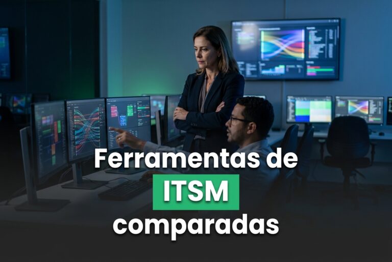 Ferramentas de ITSM comparadas: sala de operações de service desk com gestora de TI e analista avaliando plataformas