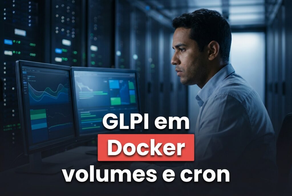 GLPI em Docker: analista de infraestrutura em uma sala de operações acompanhando a subida do serviço em container