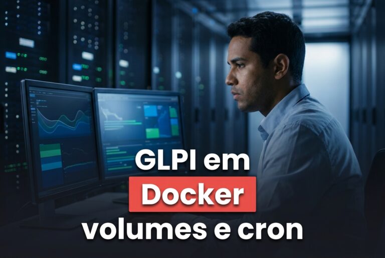 GLPI em Docker: analista de infraestrutura em uma sala de operações acompanhando a subida do serviço em container