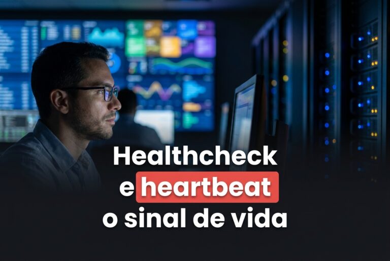 Healthcheck e heartbeat: analista em sala de operações de TI monitorando sinais de vida