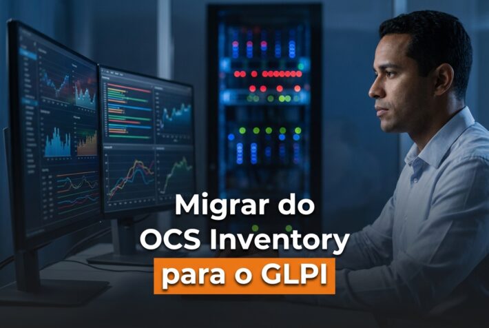 Capa do artigo sobre migrar do OCS Inventory para o GLPI, com analista de infraestrutura diante de dois monitores em uma sala de operações