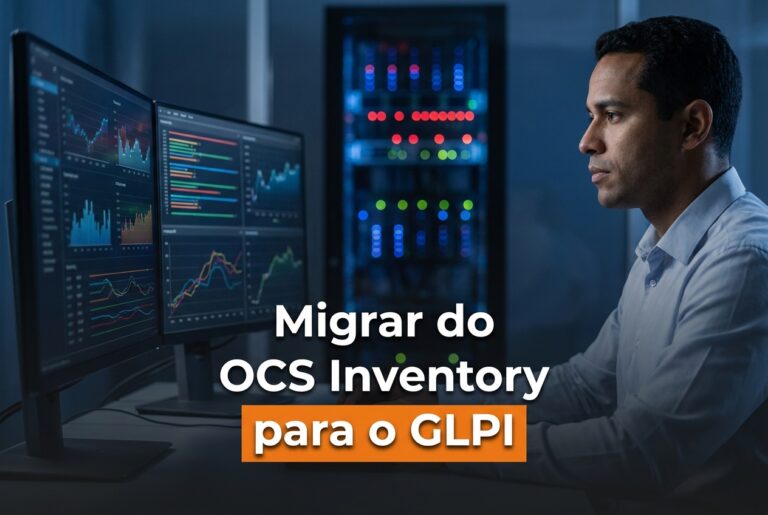 Capa do artigo sobre migrar do OCS Inventory para o GLPI, com analista de infraestrutura diante de dois monitores em uma sala de operações