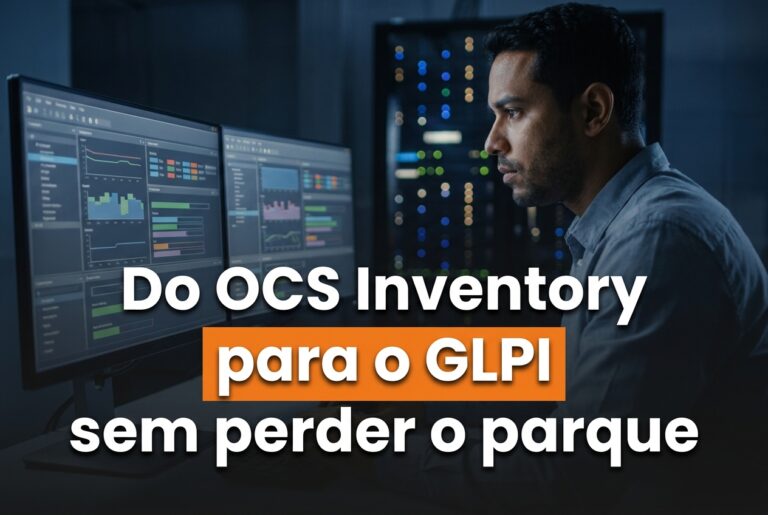 Capa do artigo sobre migrar do OCS Inventory para o GLPI, com analista de infraestrutura comparando dois inventários em uma sala de operações