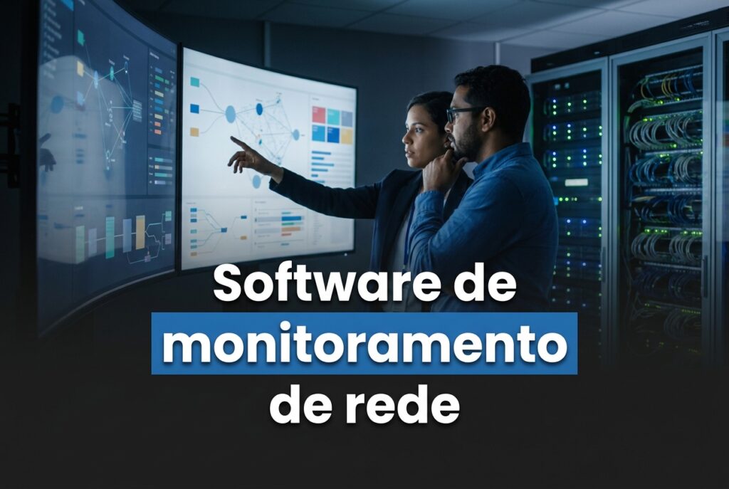 Software de monitoramento de rede sendo avaliado por dois profissionais em uma sala de operações