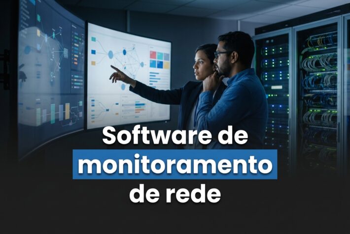 Software de monitoramento de rede sendo avaliado por dois profissionais em uma sala de operações