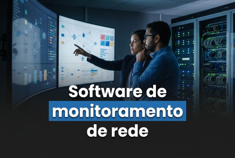 Software de monitoramento de rede sendo avaliado por dois profissionais em uma sala de operações