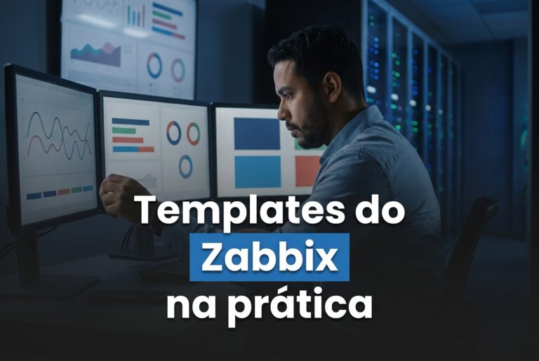 Templates do Zabbix: analista ajustando a coleta em sala de operações de TI