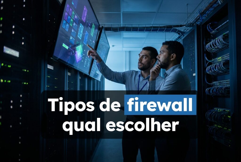 Tipos de firewall: dois profissionais de TI analisando painéis de rede em um corredor de racks