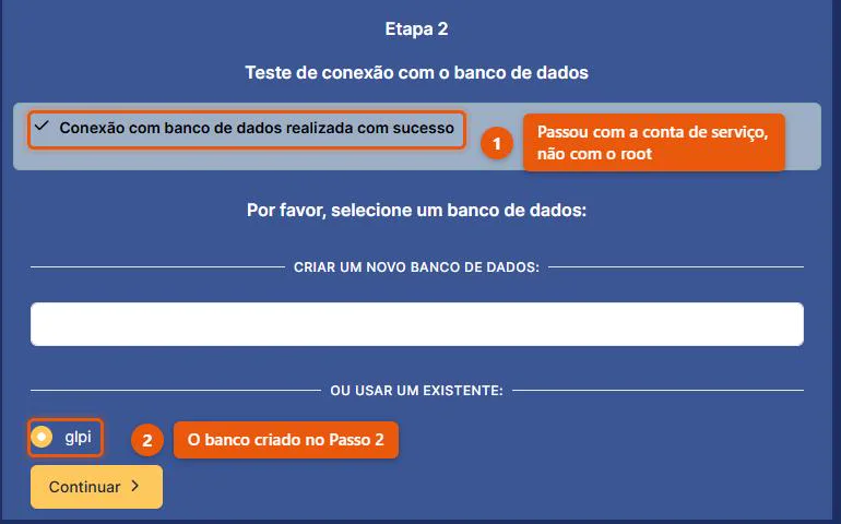 Etapa 2 do assistente de instalação do GLPI 11, com a conexão ao banco de dados testada com sucesso e a opção de criar um banco novo ou usar o banco glpi já existente