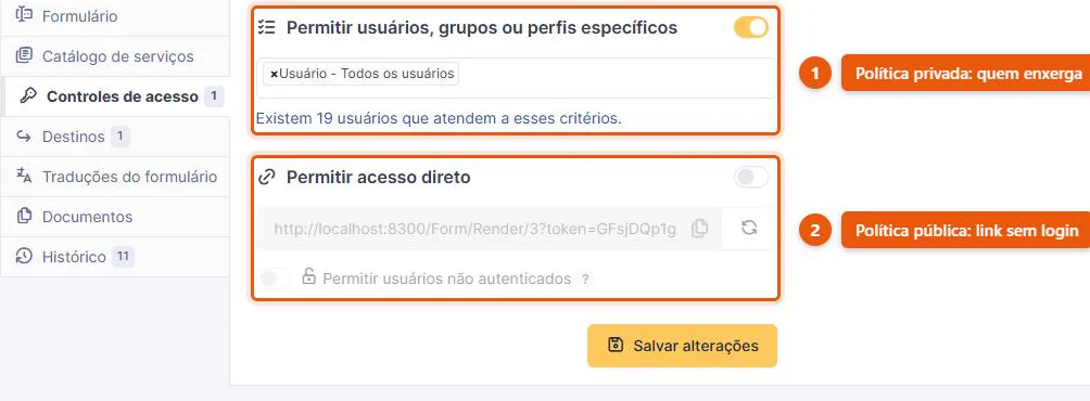 Aba de controles de acesso de um formulário do GLPI 11 com a política por usuários, grupos e perfis ligada e a de acesso direto por link desligada