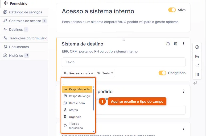 Pergunta aberta no construtor do GLPI 11 com a lista de tipos de campo suspensa, mostrando resposta curta, resposta longa, data e hora, atores, urgência e tipo de requisição