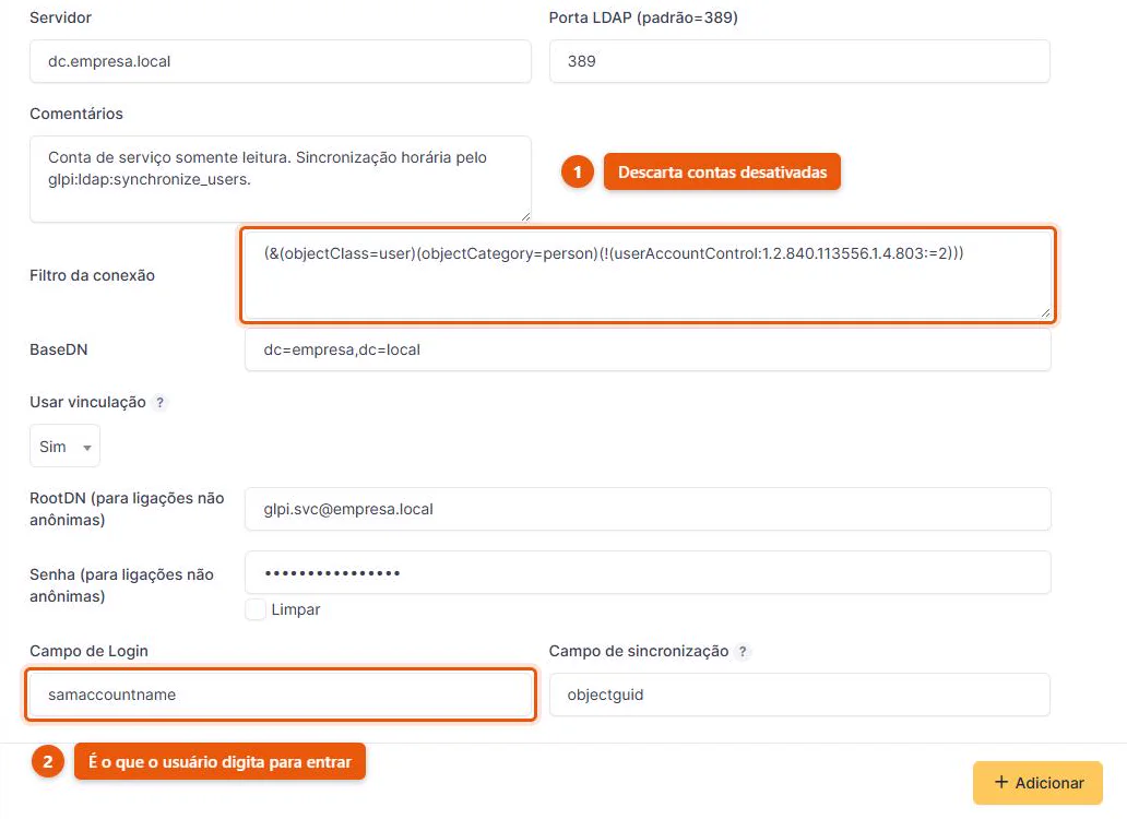 Formulário de cadastro de diretório LDAP no GLPI 11, preenchido com o servidor dc.empresa.local na porta 389, o filtro de conexão do Active Directory que descarta contas desativadas, o BaseDN dc=empresa,dc=local e o campo de login samaccountname