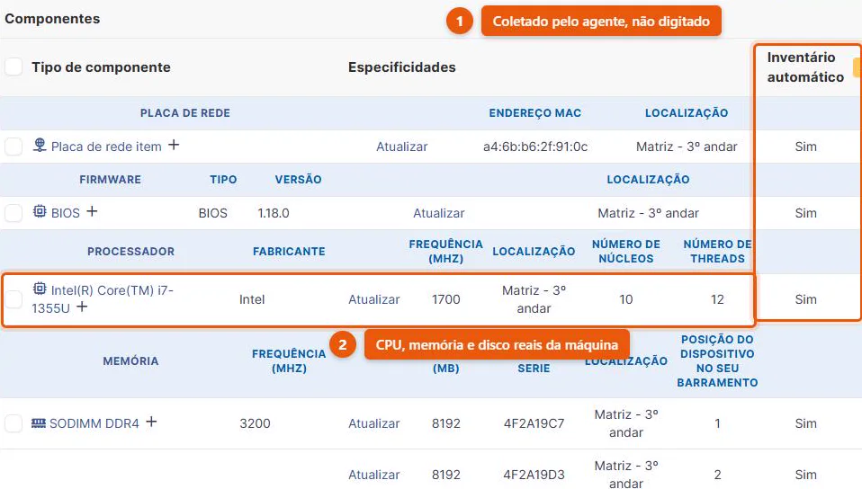 Aba Componentes do GLPI 11 com placa de rede, BIOS, processador Intel i7-1355U e duas memórias SODIMM, todos com Inventário automático igual a Sim