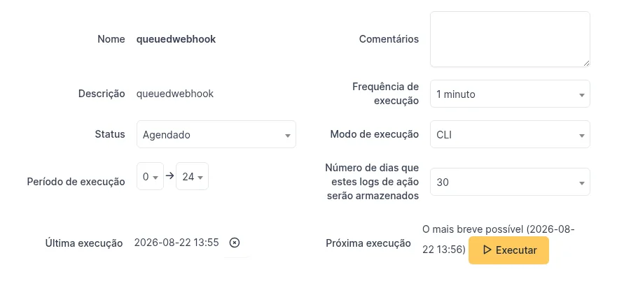 Ficha da ação automática queuedwebhook no GLPI 11 em Docker, com frequência de 1 minuto e última execução no minuto anterior