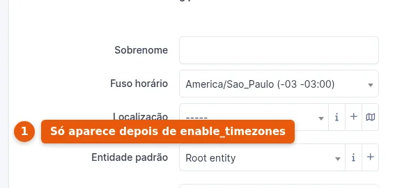 Preferências do usuário no GLPI 11 em Docker com o fuso horário America/Sao_Paulo selecionado