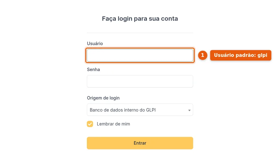 Tela de login do GLPI 11 em container Docker, em português, com os campos Usuário e Senha e a marcação do usuário padrão glpi