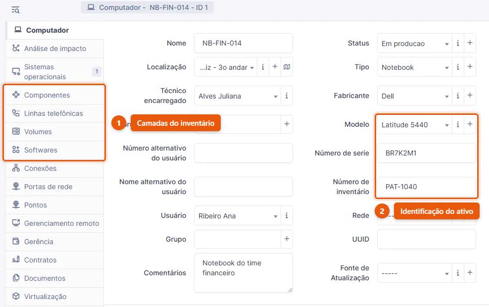 Ficha de um notebook no inventário do GLPI 11, com fabricante Dell, modelo Latitude 5440, número de série, número de patrimônio, usuário e técnico responsável preenchidos, e as abas de sistemas operacionais, componentes e softwares na lateral esquerda