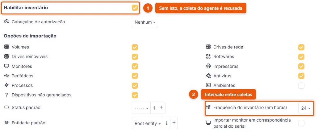 Tela Administração > Inventário do GLPI 11 com a opção Habilitar inventário marcada e a frequência de coleta definida em 24 horas