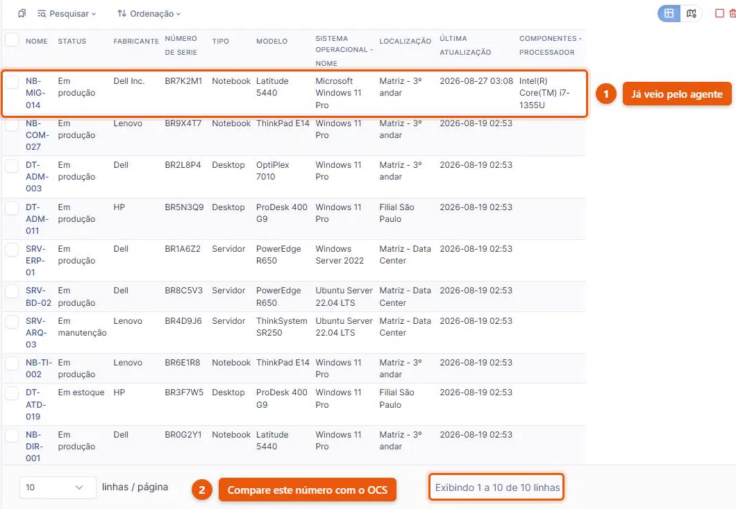 Lista de computadores do GLPI 11 em que a linha NB-MIG-014 traz sistema operacional, data de inventário e processador preenchidos pelo agente