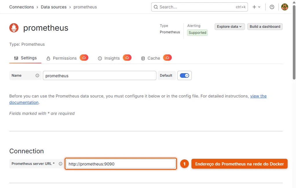Tela de configuração da fonte de dados Prometheus no Grafana, com o campo Prometheus server URL preenchido