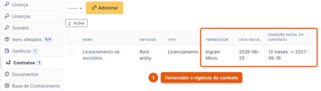 Aba de contratos de uma licença no GLPI 11 com o contrato de licenciamento vinculado, mostrando fornecedor, data inicial e duração de doze meses com a data de término