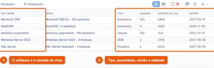 Lista de licenças do GLPI 11 com cinco entradas preenchidas, cada uma com o software, o tipo de licenciamento, a quantidade contratada, a versão em uso e a data de expiração