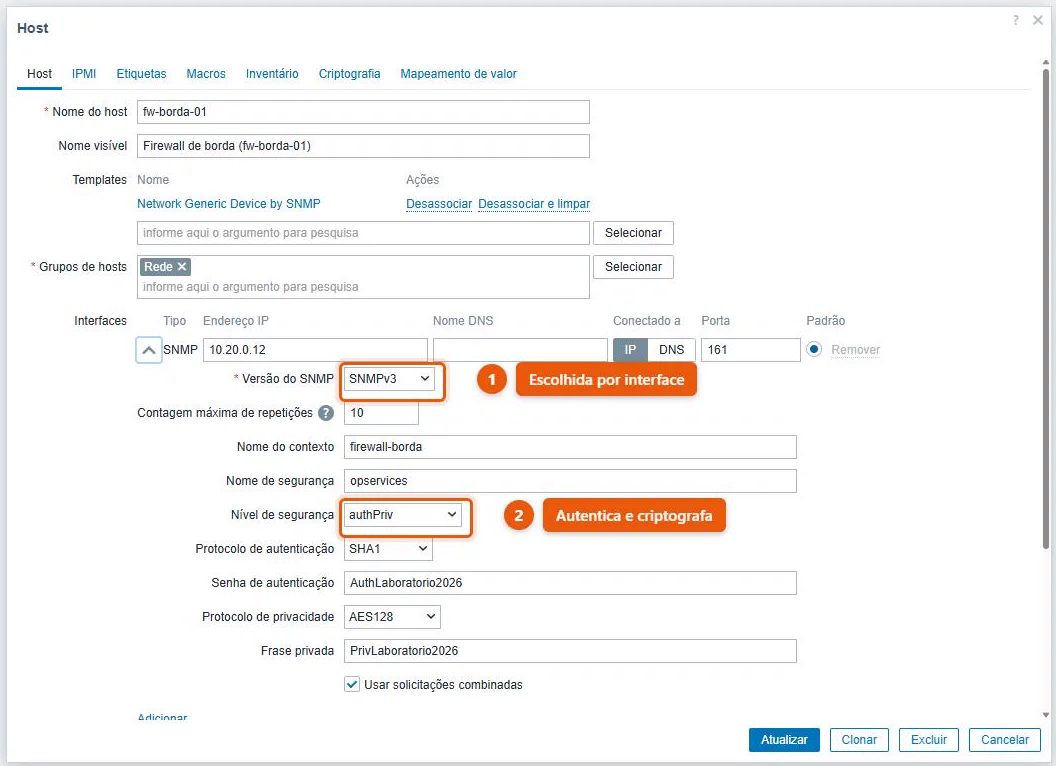 Configuração da interface SNMPv3 de um firewall de borda, em nível de segurança authPriv, com autenticação SHA1 e criptografia AES128