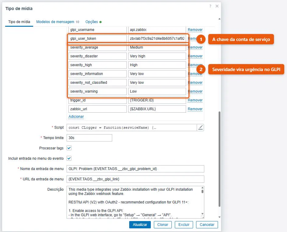 Parâmetros do webhook do GLPI no Zabbix, com o endereço do GLPI, a conta de serviço, a chave de acesso remoto e o mapa que converte severidade em urgência