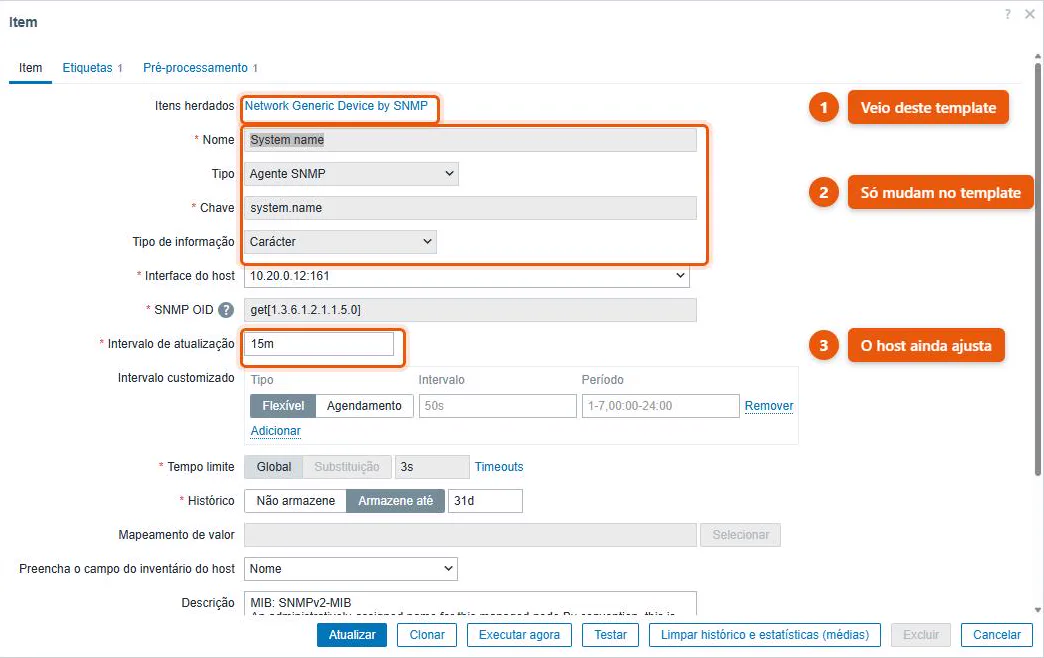 Formulário de um item herdado no Zabbix, com o link para o template de origem no topo e os campos de nome, tipo e chave bloqueados, restando editável o intervalo de atualização