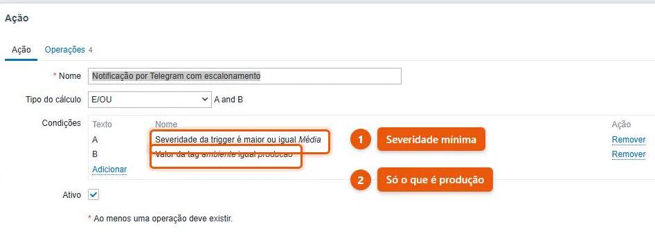 Aba Ação de uma ação de trigger no Zabbix 7.4, com duas condições: severidade maior ou igual a Média e tag ambiente igual a producao