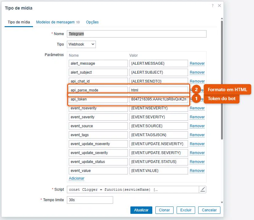 Tipo de mídia Telegram no Zabbix 7.4, com o parâmetro api_token preenchido com o token do bot e api_parse_mode definido como html