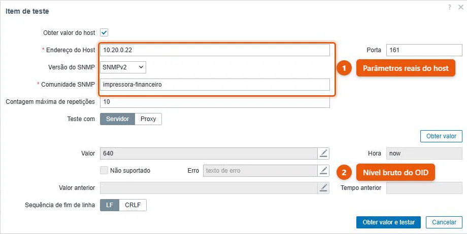 Diálogo de teste de item do Zabbix consultando uma impressora por SNMPv2, com endereço, porta 161 e comunidade próprios, devolvendo o nível de suprimento em valor bruto