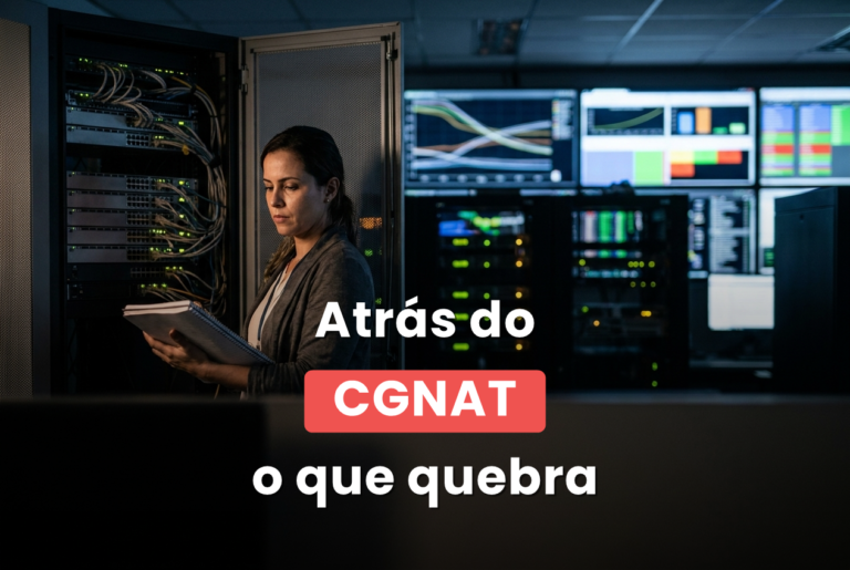 Analista de infraestrutura diante de um rack de switches em sala de operações, sobre o que muda na rede quando o link fica atrás de CGNAT