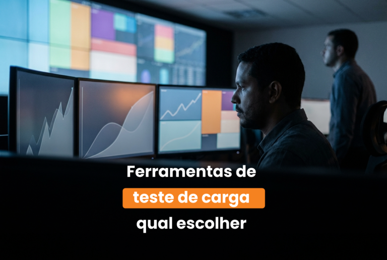 Engenheiro de plataforma em sala de operações de TI acompanhando gráficos de carga, sobre ferramentas de teste de carga
