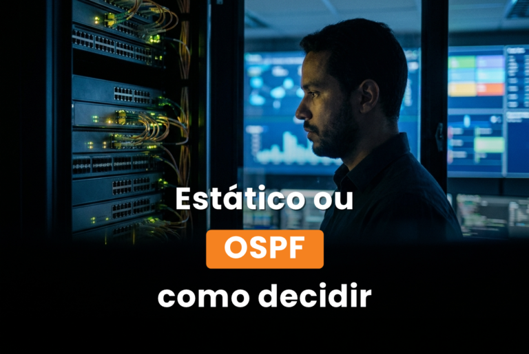 Engenheiro de redes diante de um rack de switches em datacenter, sobre roteamento estático ou dinâmico e quando usar o OSPF