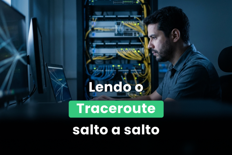 Engenheiro de redes analisando a saída do traceroute diante de um rack de switches em sala de operações