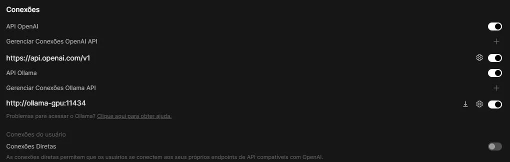 Tela de Conexões do Open WebUI mostrando a API Ollama apontando para o endereço interno do laboratório e, acima dela, a API OpenAI ligada por padrão com o endpoint api.openai.com habilitado numa instalação recém-criada