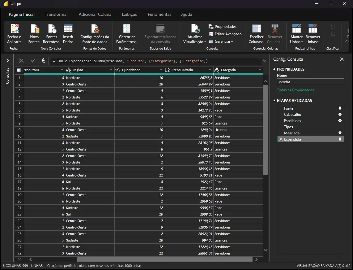 Editor do Power Query no Power BI Desktop com as etapas aplicadas Fonte, Cabecalho, Escolhidas, Tipos, Mesclada e Expandida, a barra de fórmulas mostrando Table.ExpandTableColumn e a coluna Categoria trazida pela mesclagem