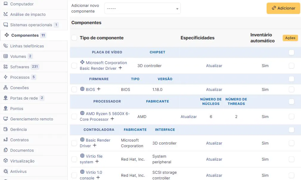 Aba de componentes de um servidor descoberto pelo agente de inventário no GLPI 11, com placa de vídeo, BIOS, processador AMD Ryzen 5 5600X e controladoras, todos marcados como inventário automático, e a lateral esquerda contando 231 softwares, 11 componentes e 2 volumes