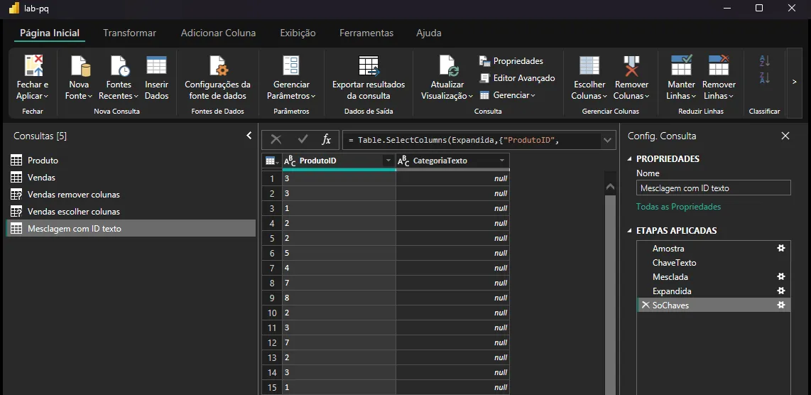 Editor do Power Query com a consulta Mesclagem com ID texto mostrando a coluna CategoriaTexto inteira em null depois da mesclagem por chave de texto, sem nenhum ícone de erro na lista de consultas