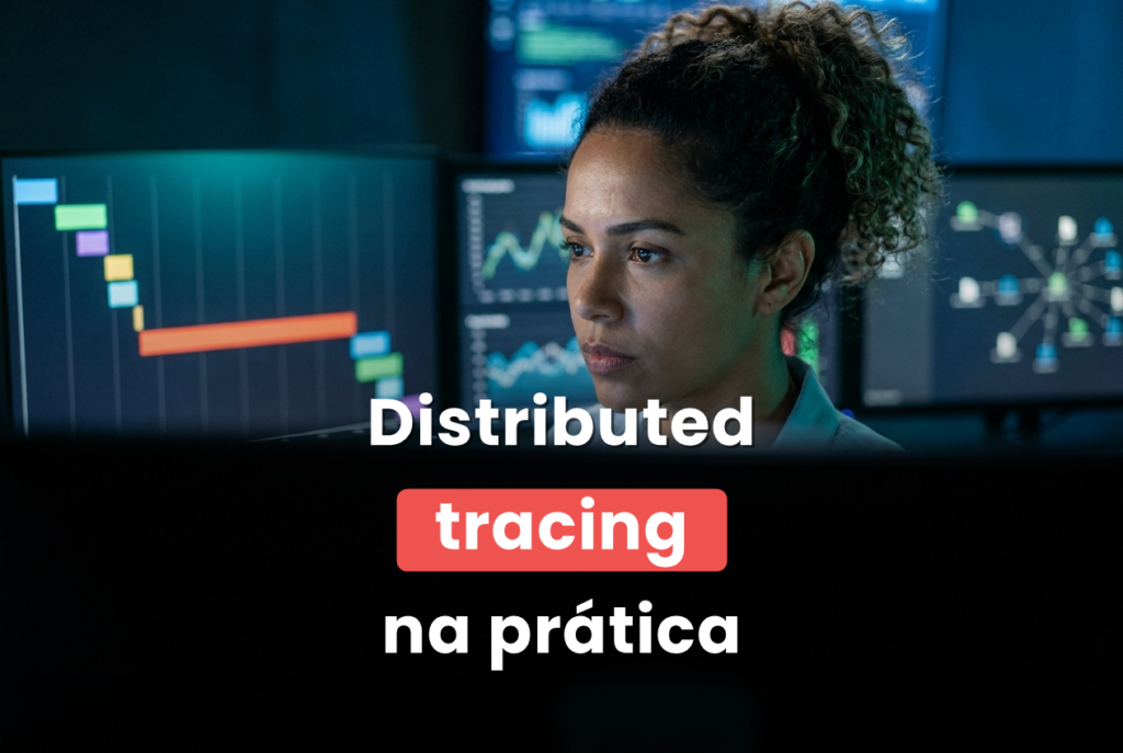 Engenheira de confiabilidade analisando no monitor a cascata de spans de um trace, com o span mais longo em destaque, numa sala de operações