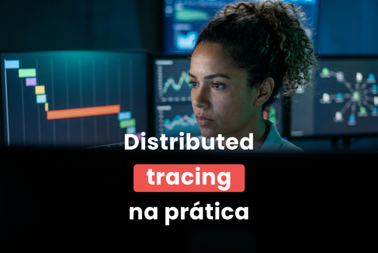 Engenheira de confiabilidade analisando no monitor a cascata de spans de um trace, com o span mais longo em destaque, numa sala de operações
